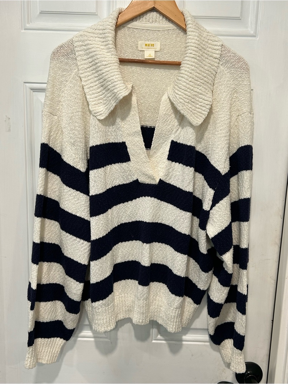 Anthropologie Maeve Striped Polo V-Neck Sweater White Navy Plus Size 2X